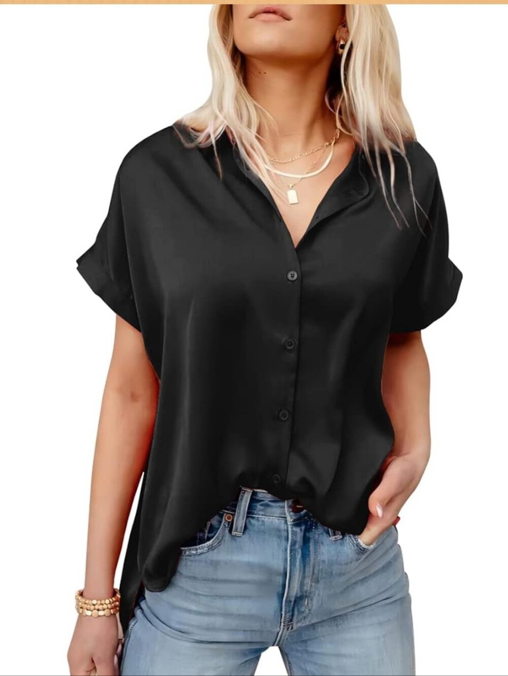 Satin Button Down Shirts for Women Short Sleeve Office Blouse Casual Business